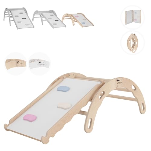 MAMOI® Arco de escalada con tobogán, triángulo de escalada, bebé escalada, arco arco iris de madera, arco de madera para niños, tabla antideslizante para parque infantil, estructura de escalada