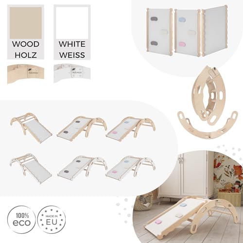 MAMOI® Arco de escalada con tobogán, triángulo de escalada, bebé escalada, arco arco iris de madera, arco de madera para niños, tabla antideslizante para parque infantil, estructura de escalada