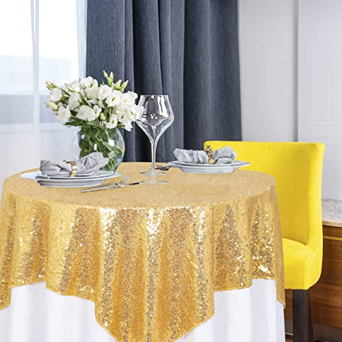 Mantel cuadrado de 127 x 127 cm, color dorado brillante, con lentejuelas, decoración de estrellas pequeñas, falda de mesa con purpurina para mesas redondas