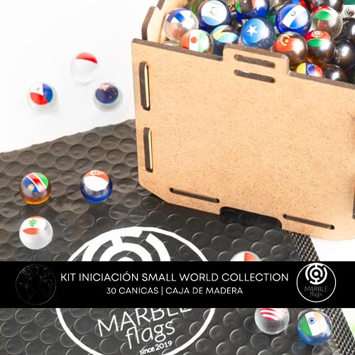 MARBLEFLAGS Kit Coleccionable Canicas con Banderas | 30 Canicas Aleatorias & Caja de Madera