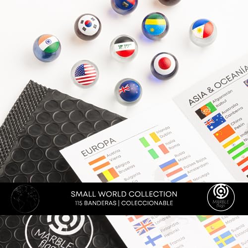 MARBLEFLAGS Kit Coleccionable Canicas con Banderas | 30 Canicas Aleatorias & Caja de Madera