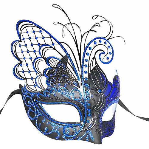 Máscara veneciana de metal con diamantes de imitación de mariposa azul/negra para mascarada/fiesta de Mardi Gras/baile de disfraces sexy/boda