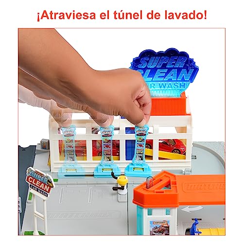 Matchbox Action Drivers Lavadero de coches Set de juego con pistas para coches de juguete con luces y sonidos, +3 años (Mattel HNJ54)