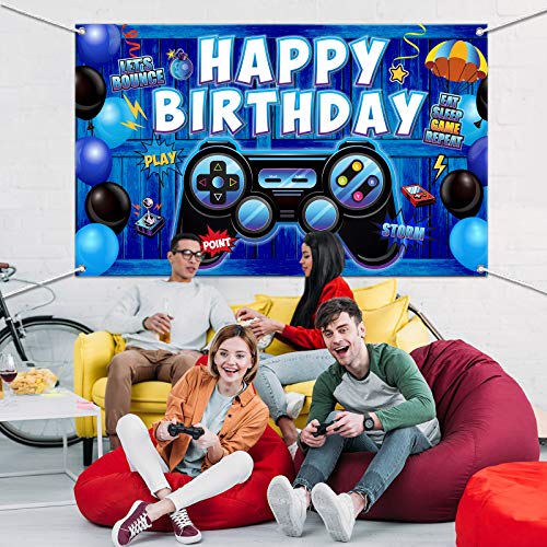 Materiales de Fiestas de Videojuegos Banner de Happy Birthday para Juegos Telón de Fondo de Fiesta de Cumpleaños, Signo de Juegos de Fondo de Bienvenida Pixelado Videojuego (Azul Madera)