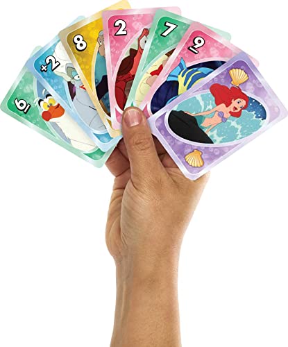 Mattel Games UNO Disney Princess the Little Mermaid - Juego de cartas para noche familiar con gráficos temáticos de películas para 2-10 jugadores