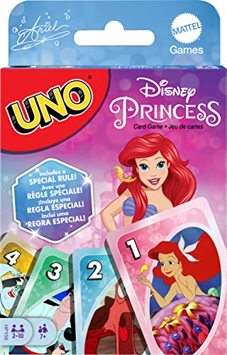 Mattel Games UNO Disney Princess the Little Mermaid - Juego de cartas para noche familiar con gráficos temáticos de películas para 2-10 jugadores