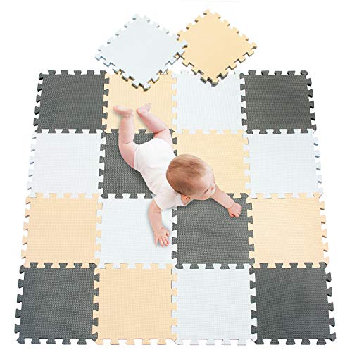 meiqicool Alfombra puzle para Niños Bebe Infantil 1 años 18 Piezas Goma en Espuma EVA,esteras de 30x30 cm Juego Alfombrillas Puzzle Protección Pequeños Mat para El Piso Blanco Beige Gris 011012