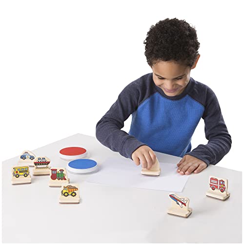 Melissa & Doug Juego de sellos de madera Vehículos, 8 sellos y dos almohadillas de tinta, Juguete creativo de madera, Actividades creativas, Regalo para niños y niñas de 3 4 5 6 7 Años