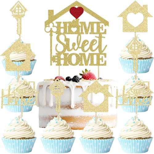 MEZHEN Sweet Home Decoracion Tarta Inauguración de La Casa Pastel Toppers Brillantina Cupcake Toppers Clave Adorno de Pastel de Bricolaje 25 piezas