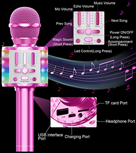 Micrófono Karaoke Bluetooth, Microfono Inalámbrico Karaoke con Altavoz y LED, Micrófono Portátil para Niños Canta Partido Musica, Niñas Juguete de Regalo, Soporte Youtube, Skype, Android/iOS/PC/AUX