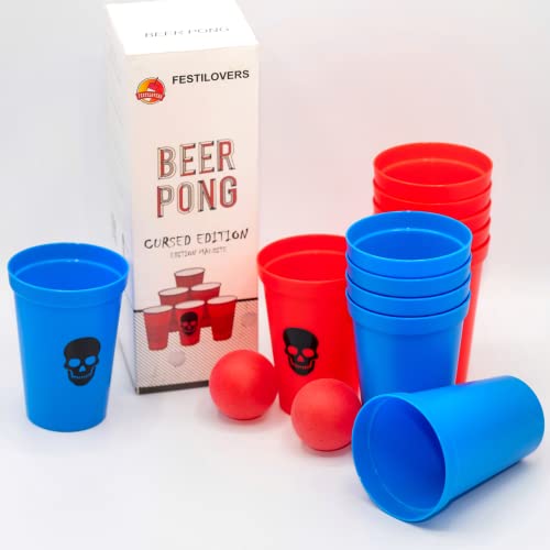 Mini Beer Pong maldito con desafíos, vasos incombustibles, juego de fiesta, juego de alcohol beer pong con 12 vasos y 2 pelotas de ping pong, juego para beber para aperitivo