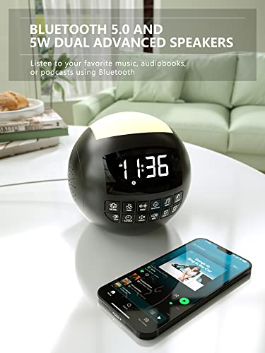 MINORZ Despertador digital con altavoz Bluetooth, despertador con luz con 42 máquinas de ruido blanco, doble despertador ruidoso con tipo C y puerto de carga USB, despertador de mesita de noche para