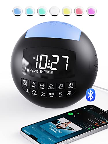 MINORZ Despertador digital con altavoz Bluetooth, despertador con luz con 42 máquinas de ruido blanco, doble despertador ruidoso con tipo C y puerto de carga USB, despertador de mesita de noche para