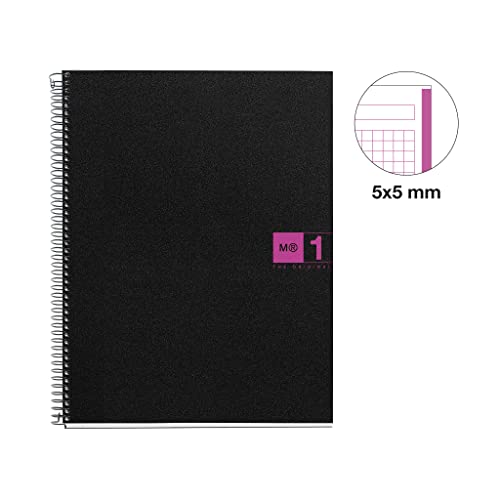 Miquelrius - Cuaderno Notebook The Original, Tamaño A4, 80 Hojas de 70 g/m² y 1 Franja de Color, Rayado Cuadrícula 5 mm, 4 Taladros, Cubierta de Polipropileno, Color Negro/Fucsia