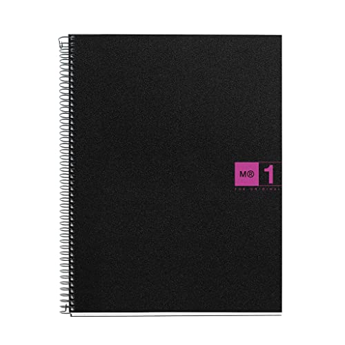 Miquelrius - Cuaderno Notebook The Original, Tamaño A4, 80 Hojas de 70 g/m² y 1 Franja de Color, Rayado Cuadrícula 5 mm, 4 Taladros, Cubierta de Polipropileno, Color Negro/Fucsia