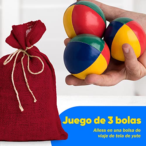 Mister M | 3 Pelotas de Malabares en Saco de Yute Rojo | Fáciles de agarrar | Revestimiento Impermeable y Acolchado ecológico | Apto para Principiantes y Expertos | con App y videotutorial Online