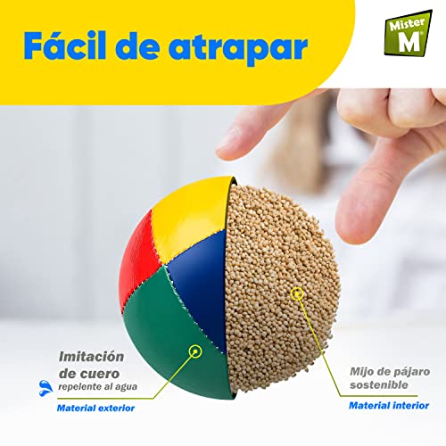 Mister M | 3 Pelotas de Malabares en Saco de Yute Rojo | Fáciles de agarrar | Revestimiento Impermeable y Acolchado ecológico | Apto para Principiantes y Expertos | con App y videotutorial Online