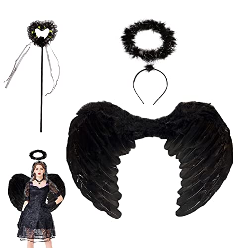 MIVAIUN 3 Piezas Negro Alas de Angel,Alas de Ángel Disfraz,Plumas Ángel Alas,Decoración de Alas de ángel,Accesorios de Vacaciones para Navidad Carnaval Cosplay Fiesta de ángeles(Negro)