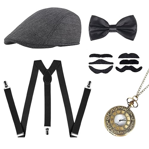 MIVAIUN 5 Piezas 1920s Gatsby Accesorios Hombres, Años 20 Fiesta Disfraz Accesorios, 1920s Juego de Accesorios, Años 20 Conjunto de Gángster de Accesorios para Carnaval, Negro, Talla única (Set B)