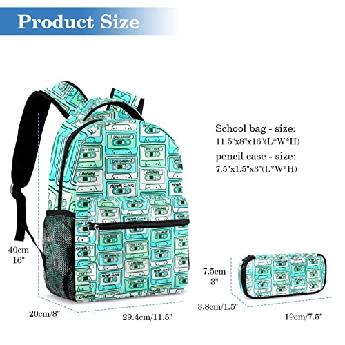 Mochila con estuche para lápices y correa ajustable Junior/High/University School Bookbag para mujeres, hombres, adolescentes, cinta de casete, Multicolor