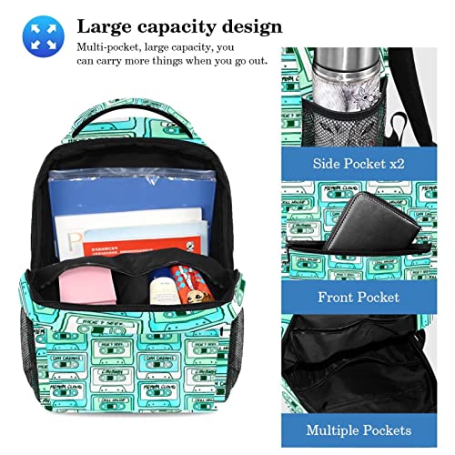 Mochila con estuche para lápices y correa ajustable Junior/High/University School Bookbag para mujeres, hombres, adolescentes, cinta de casete, Multicolor