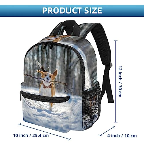 Mochila de viaje para niños, Beagle, perro que corre y juega en el bosque de invierno, mochila escolar para jardín de infantes, niños preescolares, mochila para guardería, Multicolor, 10x4x12 in