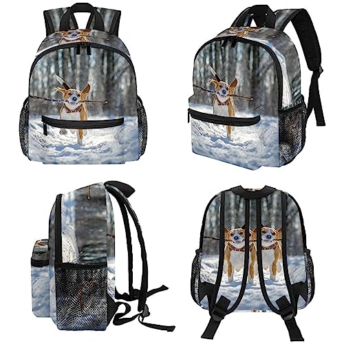 Mochila de viaje para niños, Beagle, perro que corre y juega en el bosque de invierno, mochila escolar para jardín de infantes, niños preescolares, mochila para guardería, Multicolor, 10x4x12 in