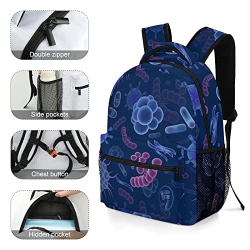 Mochila infantil de virus y microbios para la escuela, deportes, viajes, cinturón de hombro ajustable, bolsa de libros para niños y niñas