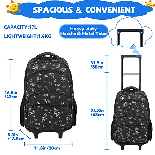 Mochila Trolley con 2 Ruedas，VASCHY Mochila Escolar para Niños Niñas Mochila con Ruedas Resistente al Agua Mochila Infantil para Escuela Guardería Jardin de Infancia y Viajes 17L，Cohetes