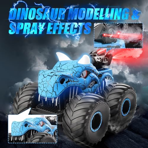 MOJINO Coches de Juguetes Coche Teledirigido para Niños 3 4 5 6 7 8 9 Año, 360° Rotación Adulto Coche RC para Niños Y Niñas, Monster Truck Dinosaurios Juguetes Monstruo Coche Spray Música, Azul