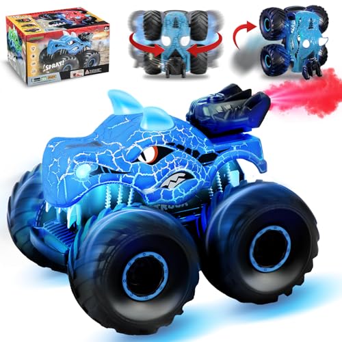 MOJINO Coches de Juguetes Coche Teledirigido para Niños 3 4 5 6 7 8 9 Año, 360° Rotación Adulto Coche RC para Niños Y Niñas, Monster Truck Dinosaurios Juguetes Monstruo Coche Spray Música, Azul