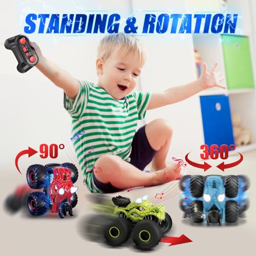 MOJINO Coches de Juguetes Coche Teledirigido para Niños 3 4 5 6 7 8 9 Año, 360° Rotación Adulto Coche RC para Niños Y Niñas, Monster Truck Dinosaurios Juguetes Monstruo Coche Spray Música, Azul