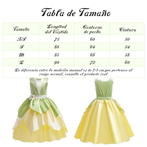 Monissy Costume para Halloween Niña Princesa Tiana Disfraz Niños Accesorios Navidad Vestido Príncipe Rana sin Manga Cumpleaños Regalo Corona Varita Mágica Collar Carnaval,Verde,S