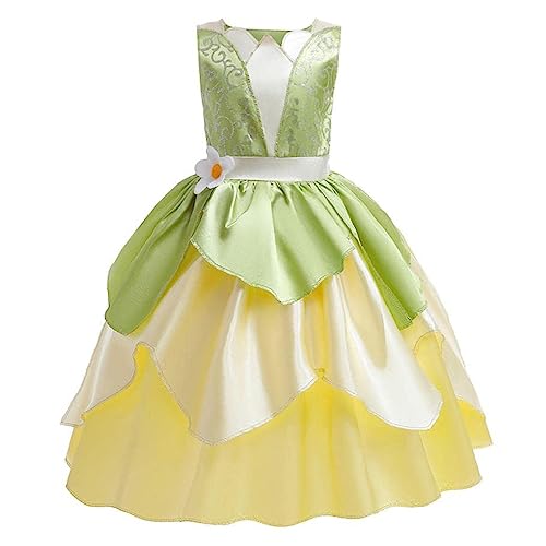 Monissy Costume para Halloween Niña Princesa Tiana Disfraz Niños Accesorios Navidad Vestido Príncipe Rana sin Manga Cumpleaños Regalo Corona Varita Mágica Collar Carnaval,Verde,S