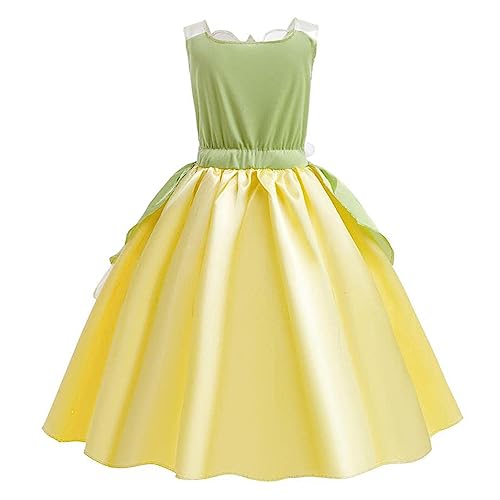 Monissy Costume para Halloween Niña Princesa Tiana Disfraz Niños Accesorios Navidad Vestido Príncipe Rana sin Manga Cumpleaños Regalo Corona Varita Mágica Collar Carnaval,Verde,S