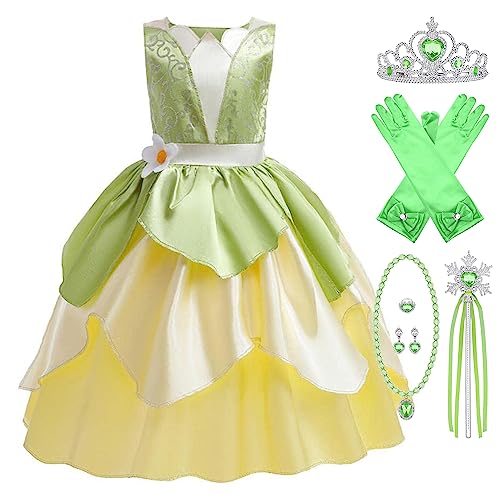 Monissy Costume para Halloween Niña Princesa Tiana Disfraz Niños Accesorios Navidad Vestido Príncipe Rana sin Manga Cumpleaños Regalo Corona Varita Mágica Collar Carnaval,Verde,S