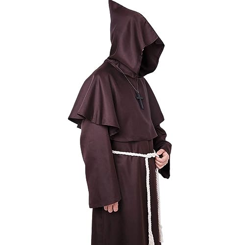 Monje Sacerdote Túnica de Robe para Medieval Renacimiento Trajes de Vampiros,Disfraz de Gótico cosplay con Cruz para Halloween Carnaval Disfraces con Capucha para Hombre(Marrón,XXL)