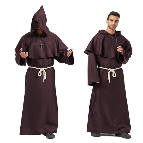 Monje Sacerdote Túnica de Robe para Medieval Renacimiento Trajes de Vampiros,Disfraz de Gótico cosplay con Cruz para Halloween Carnaval Disfraces con Capucha para Hombre(Marrón,XXL)