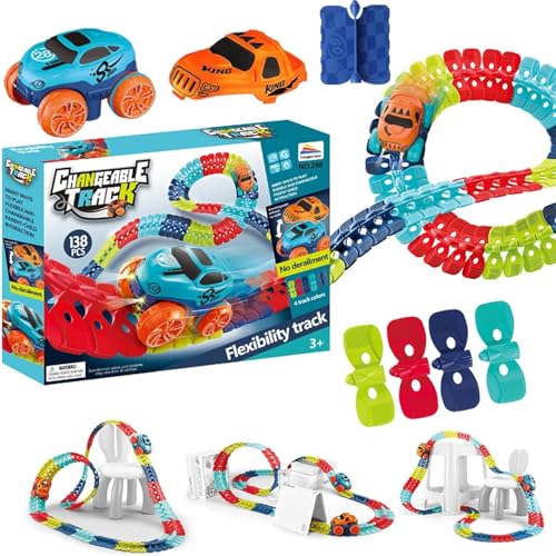 Montessori Track - Ultra-Flexible Machine Track, Pista De Carreras De Bricolaje, Pistas De Autos Mágicas Flexibles, Juego De Pistas De Autos con Iluminación LED (138 Pcs)