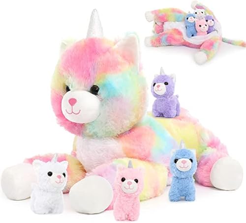 MorisMos Peluche Gato Unicornio 60cm, Mamá Gato Juguete de Peluche con Bebé Gatita Kawaii, Arcoiris Animales de Peluche Gatito Suave para Niños Bebés Niña, Cumpleaños