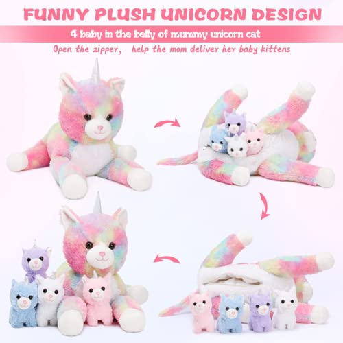 MorisMos Peluche Gato Unicornio 60cm, Mamá Gato Juguete de Peluche con Bebé Gatita Kawaii, Arcoiris Animales de Peluche Gatito Suave para Niños Bebés Niña, Cumpleaños