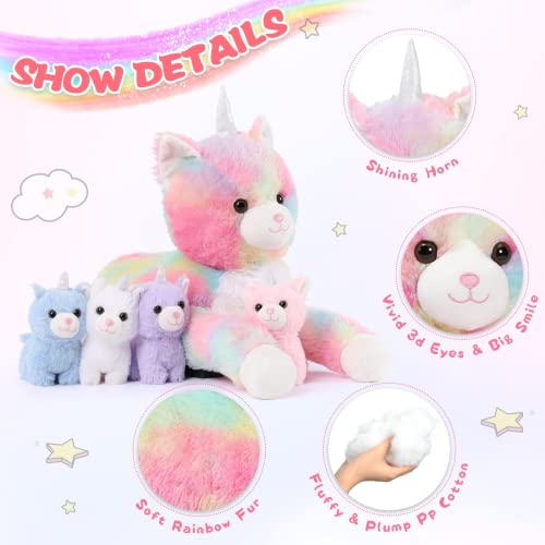 MorisMos Peluche Gato Unicornio 60cm, Mamá Gato Juguete de Peluche con Bebé Gatita Kawaii, Arcoiris Animales de Peluche Gatito Suave para Niños Bebés Niña, Cumpleaños