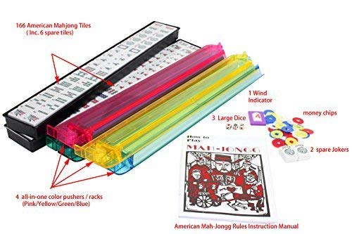 Mose Cafolo American Mahjong - Juego completo de Mah Jongg occidental, bolsa de transporte suave de color rojo burdeos, 166 azulejos premium con 4 bastidores/empujadores todo en uno (Mah Jong