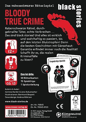 moses- Black Stories Bloody True Crime-50 Casos de delitos Reales Cartas de Crimen con Variante fichas de puntuación, Juego de Rompecabezas para Adolescentes y Adultos, Color Blanco, Medium (90045)