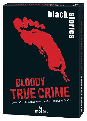 moses- Black Stories Bloody True Crime-50 Casos de delitos Reales Cartas de Crimen con Variante fichas de puntuación, Juego de Rompecabezas para Adolescentes y Adultos, Color Blanco, Medium (90045)