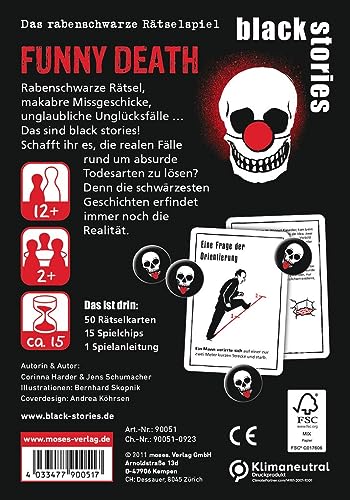 moses. Black Stories Funny Death – 50 Puzzles con Casos Reales Alrededor de absurdas muertes, Juego de Cartas de Crimen con Variante de Juego y fichas de puntuación, Juego de Puzzles para jóvenes y