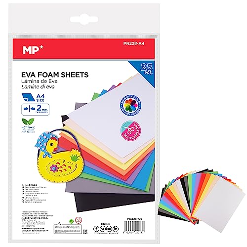 MP- Set 25 Láminas Goma Eva, Tamaño A4, 2mm de Grosor, Colores Surtidos, Ideal para Actividades y Manualidades de Niños, Decoración, Uso Escolar