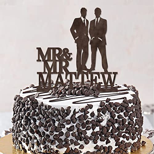 Mr & Mr Silhouette - Decoración para tartas de madera retro para dos hombres, silueta de amor, dos hombres, decoración de pastel de boda, nombre personalizado, boda, fecha, hombres, regalos de