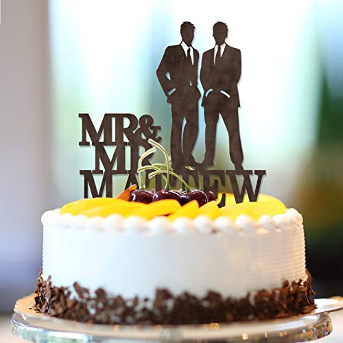 Mr & Mr Silhouette - Decoración para tartas de madera retro para dos hombres, silueta de amor, dos hombres, decoración de pastel de boda, nombre personalizado, boda, fecha, hombres, regalos de