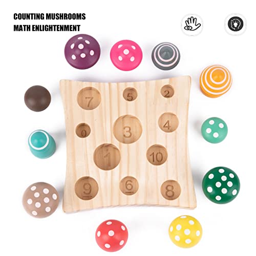 Mrisata Juguetes coloridos de madera para recoger hongos de madera, juego educativo de hongos, 12 piezas de madera colorida, juguetes de recogida de hongos de madera, simulación, conteo, tilo